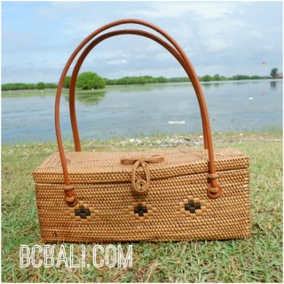 fashion square handbag ata rattan brass flower strap leather handle